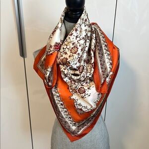 Silk Burnt Orange and Cream Patterned Large Scarf 42x40.5 inch